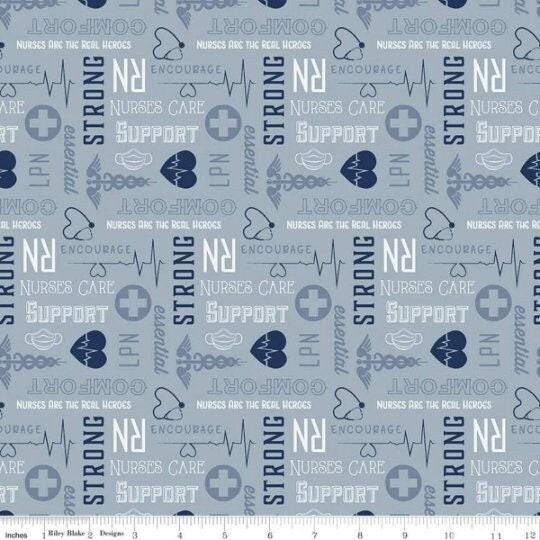 Clearance- Nobody Fights Alone Nurses Care in Blue - 1/2 Yard Increments, Cut Continuously - by Riley Blake Designs