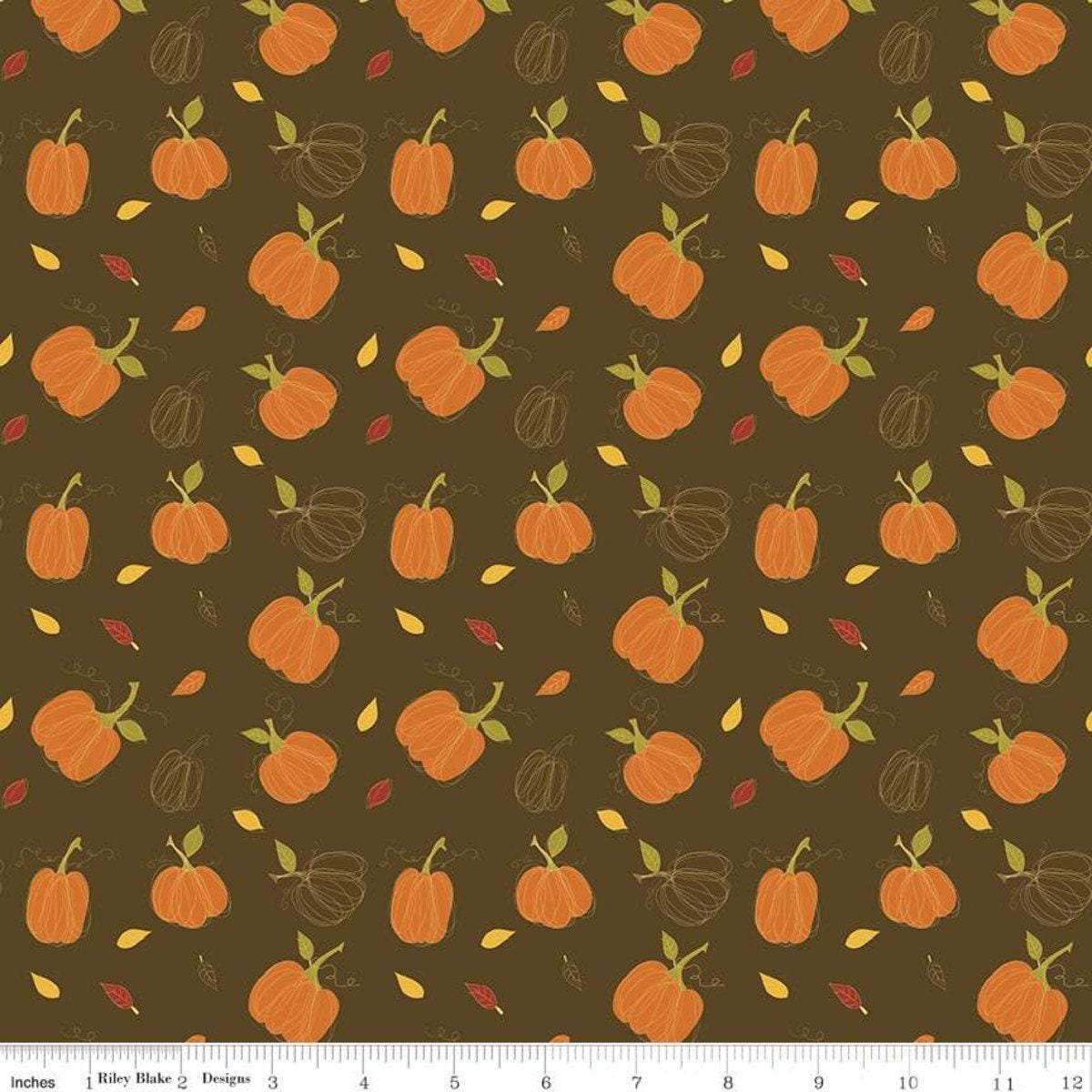 Clearance: Adel in Autumn Pumpkins Chocolate - 1/2 Yard Increments, Cut Continuously - by Sandy Gervais for Riley Blake Designs