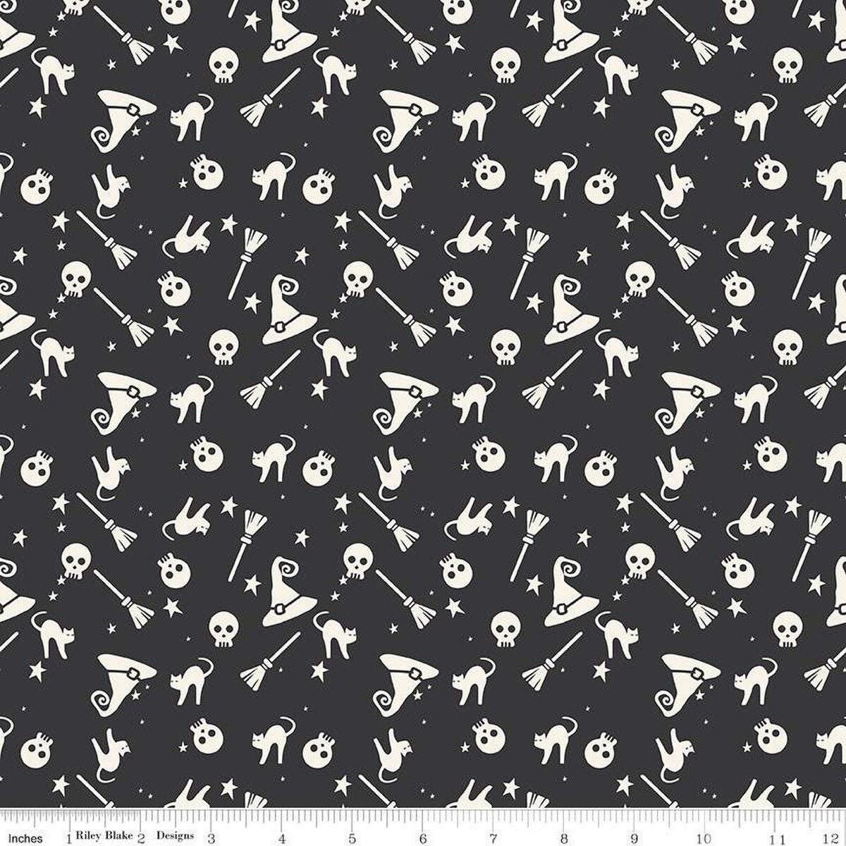 Hey Bootiful Witch Icons in Charcoal Glow in the Dark - 1/2 Yard Increments, Cut Continuously - by My Mind's Eye for Riley Blake Designs