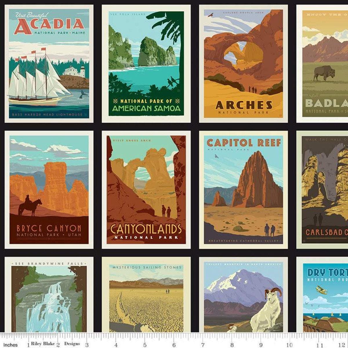 National Parks Posters in Black - 1/2 Yard Increments, Cut Continuously - by Anderson Design Group for Riley Blake Designs