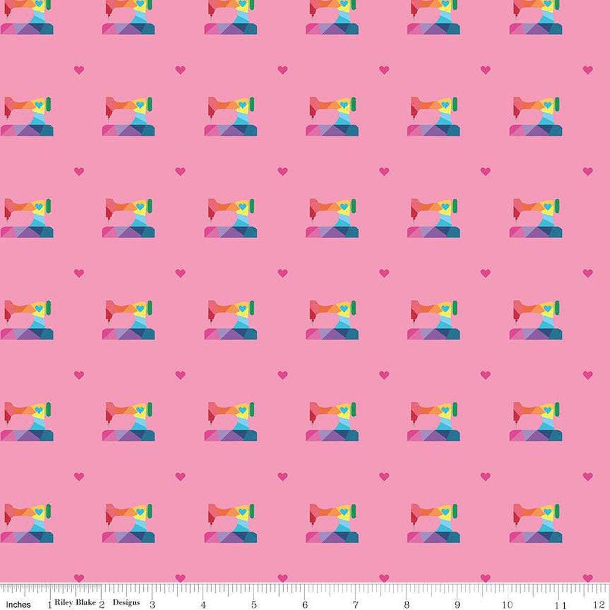 Make Geo Sewing Machine in Hot Pink - 1/2 Yard Increments, Cut Continuously - by Kristy Lea of Quiet Play for Riley Blake Designs