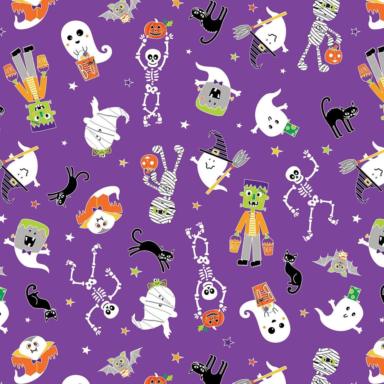 Glow-O-Ween Glow in the Dark Friends in Purple - 1/2 Yard Increments, Cut Continuously - by Kanvas Collection for Bernatex Fabrics
