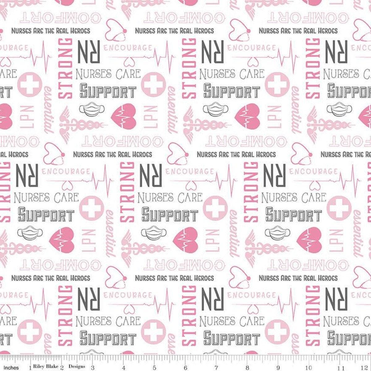 Clearance- Nobody Fights Alone Nurses Care in White - 1/2 Yard Increments, Cut Continuously - by Riley Blake Designs