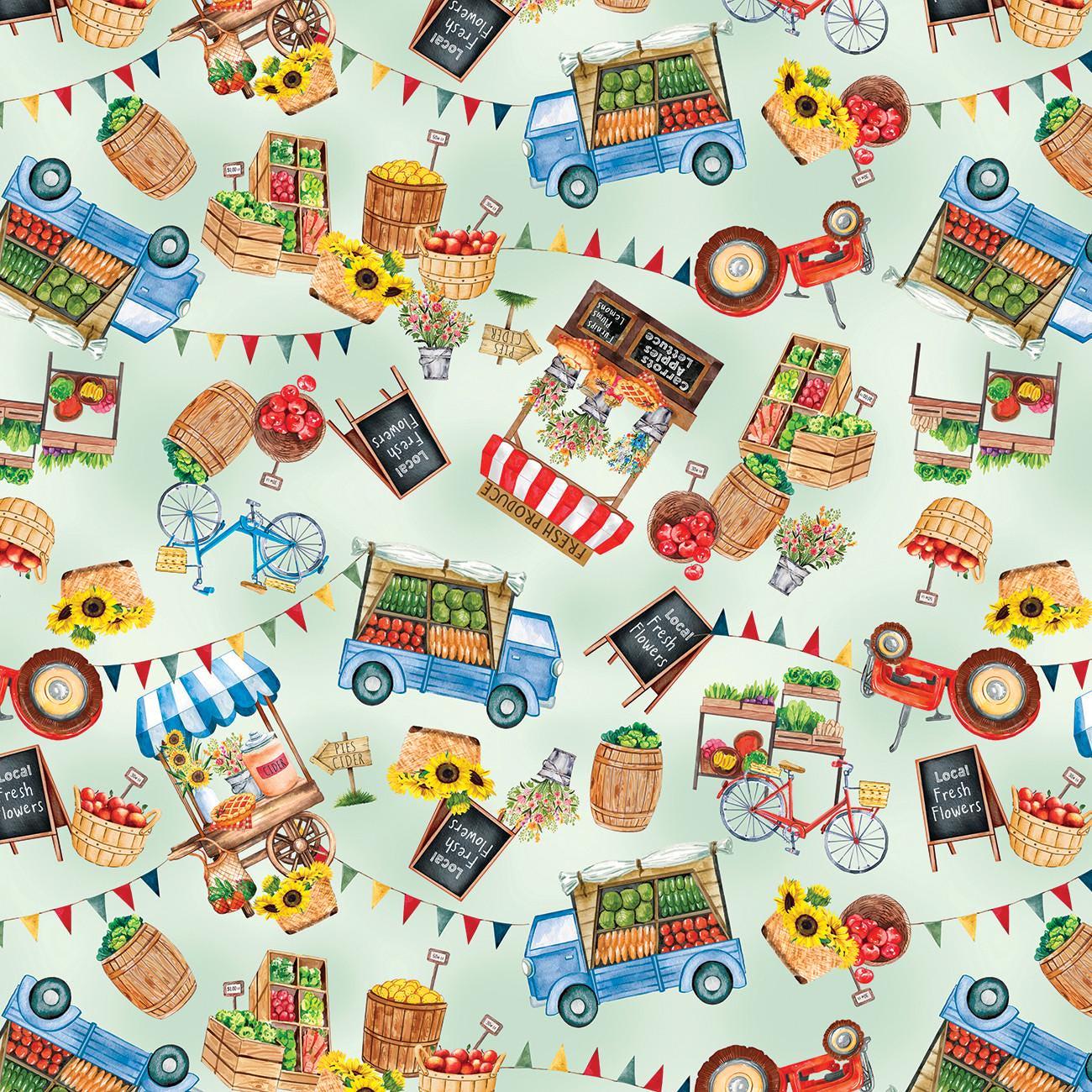 Farmers Market Scene in Green - 1/2 Yard Increments, Cut Continuously - by Nicole DeCamp Collection for Bernatex Fabrics