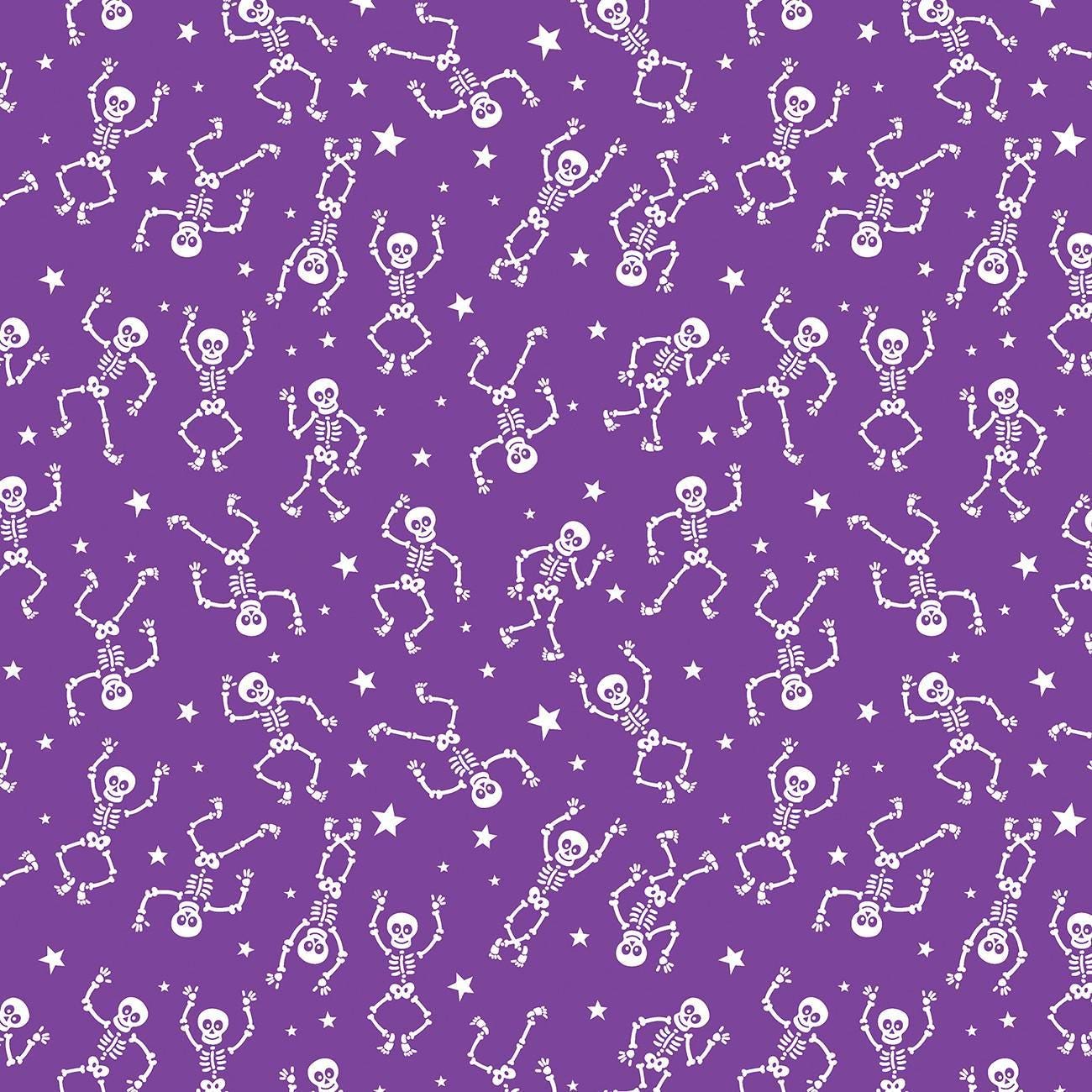 Glow-O-Ween Glow in the Dark Purple Glowing Skeletons - 1/2 Yard Increments, Cut Continuously - by Kanvas Collection for Bernatex Fabrics