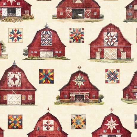 Heartland Barns in Cream - 1/2 Yard Increments, Cut Continuously - by Morris Creative Group for QT Fabrics