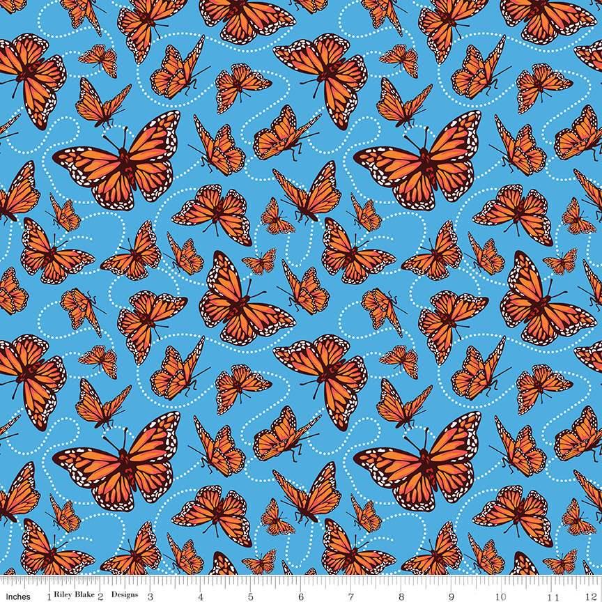 Friendship Florals Monarchs in Blue - 1/2 Yard Increments, Cut Continuously - by Riley Blake Designs