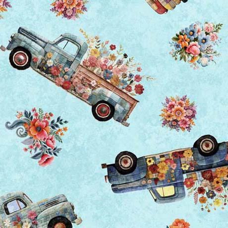 Heartland Farm Truck Toss in Aqua - 1/2 Yard Increments, Cut Continuously - by Morris Creative Group for QT Fabrics