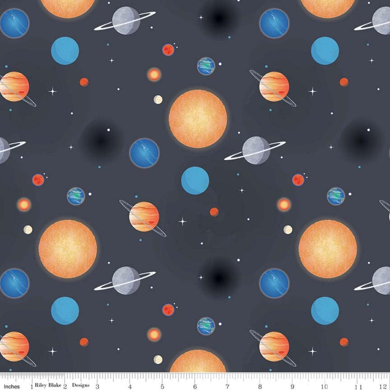 Out of This World with NASA Planets in Charcoal - 1/2 Yard Increments, Cut Continuously - by Riley Blake Designs