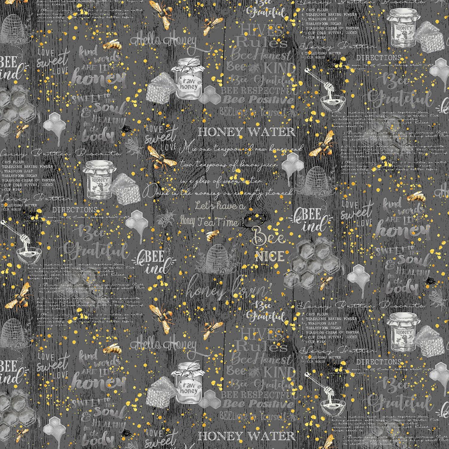 Honey Bee Farm Grey Hives Rules And Quotes - 1/2 Yard Increments, Cut Continuously - by Timeless Treasures