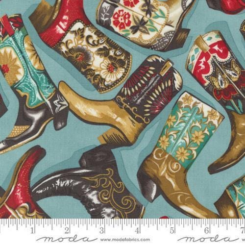 Boot Scootin Saddle Ranch Boots in Pond - 1/2 Yard Increments, Cut Continuously - by Moda Fabrics