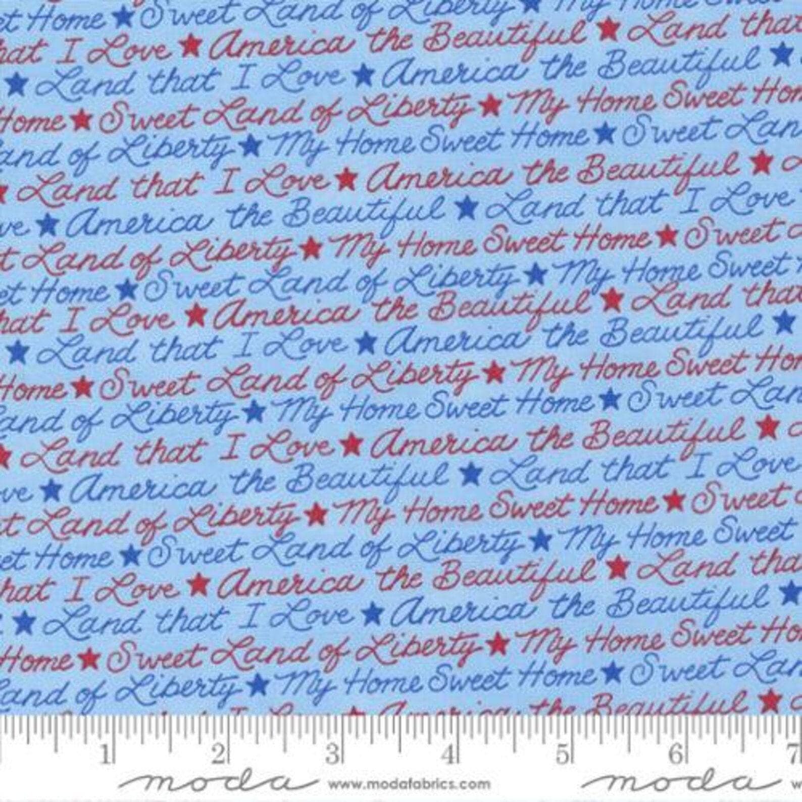 All American Patriotic Sayings in Sky Blue - 1/2 Yard Increments, Cut Continuously - by Deb Strain for Moda Fabrics