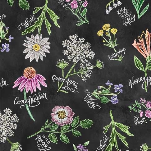 Flower Market Going Wild in Black - 1/2 Yard Increments, Cut Continuously - by Lily and Val for Michael Miller