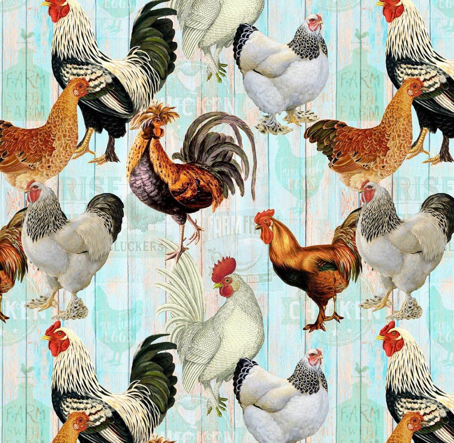 Farm Fresh Multi Chickens On Faded Fence - 1/2 Yard Increments, Cut Continuously - by Timeless Treasures