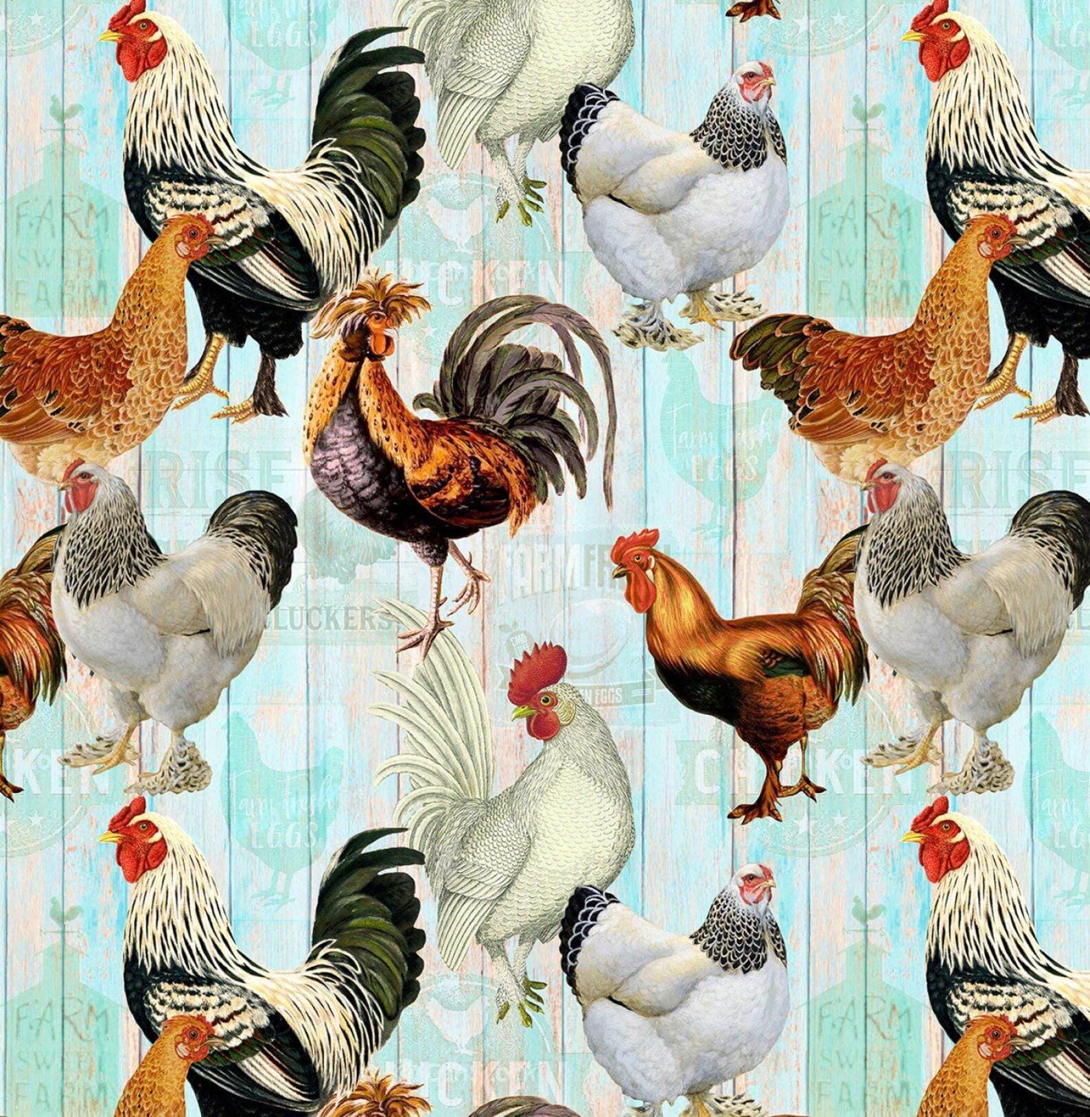 Farm Fresh Multi Chickens On Faded Fence - 1/2 Yard Increments, Cut Continuously - by Timeless Treasures