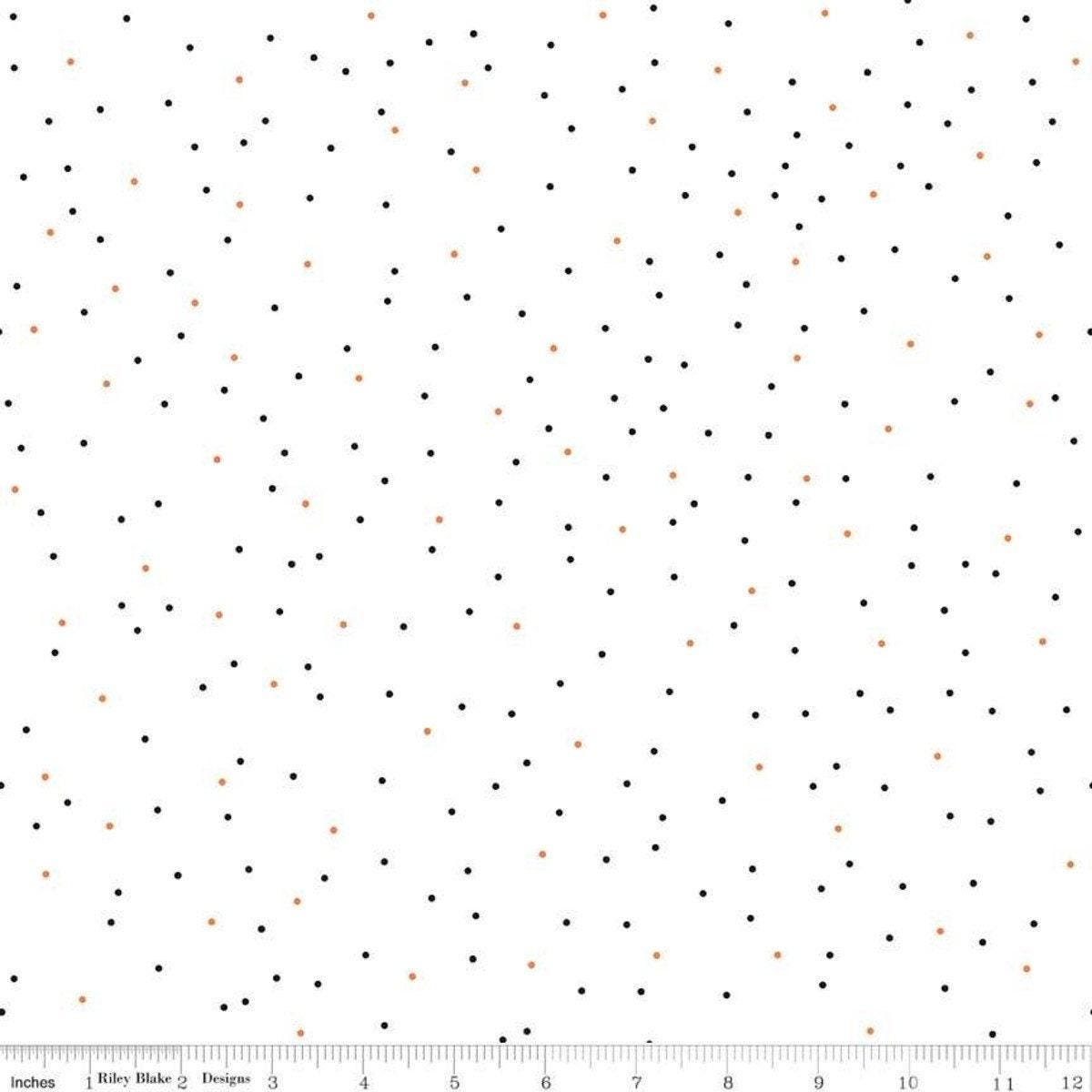 Black and Orange Pin Dot Halloween on White - 1/2 Yard Increments, Cut Continuously - by Riley Blake Designs
