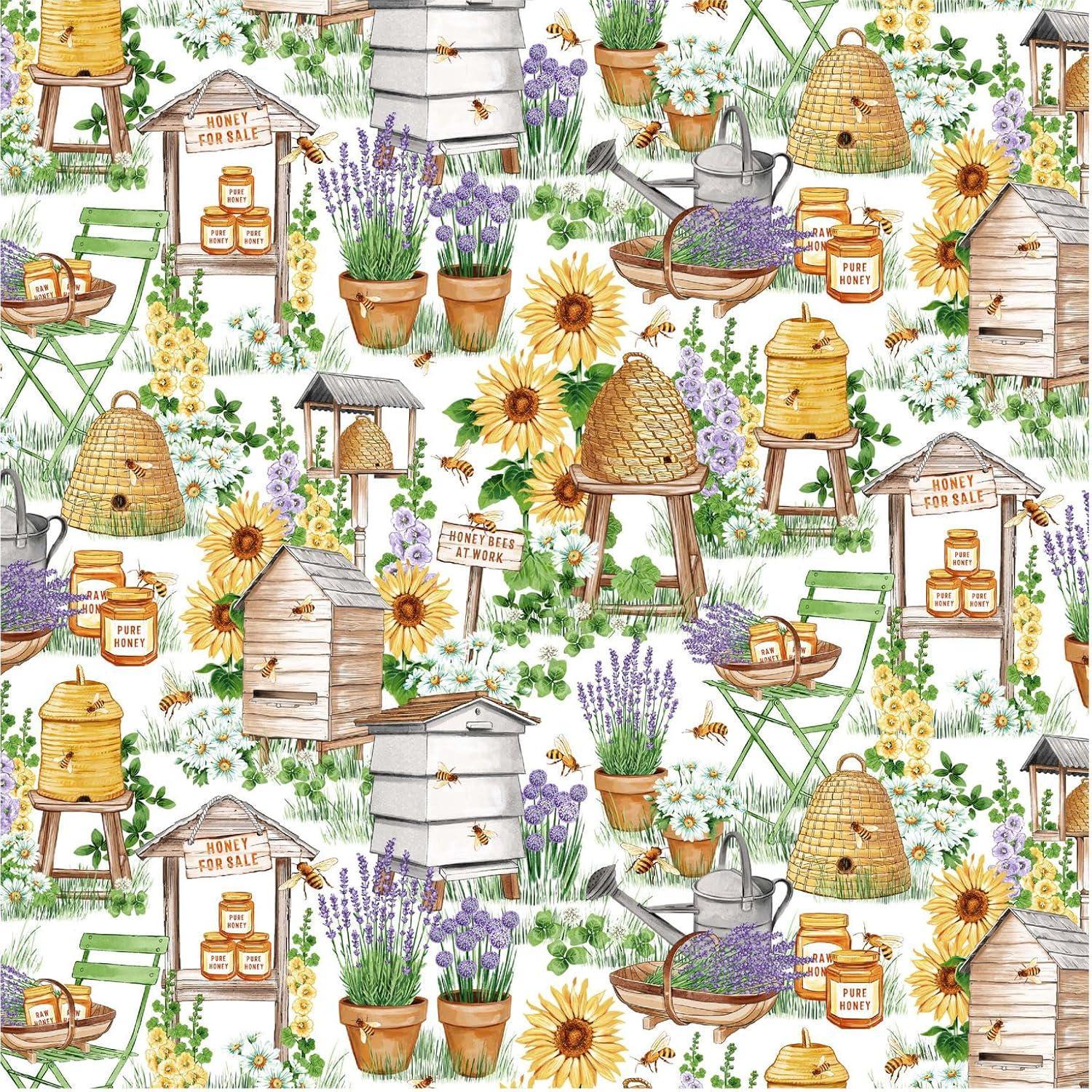 Bee Culture Busy Bee Farm in White - 1/2 Yard Increments, Cut Continuously - by Michael Miller