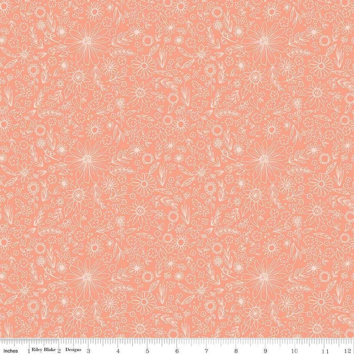 Homemade Outlined Flowers in Coral - 1/2 Yard Increments, Cut Continuously - by Echo Park Paper Co. for Riley Blake Designs