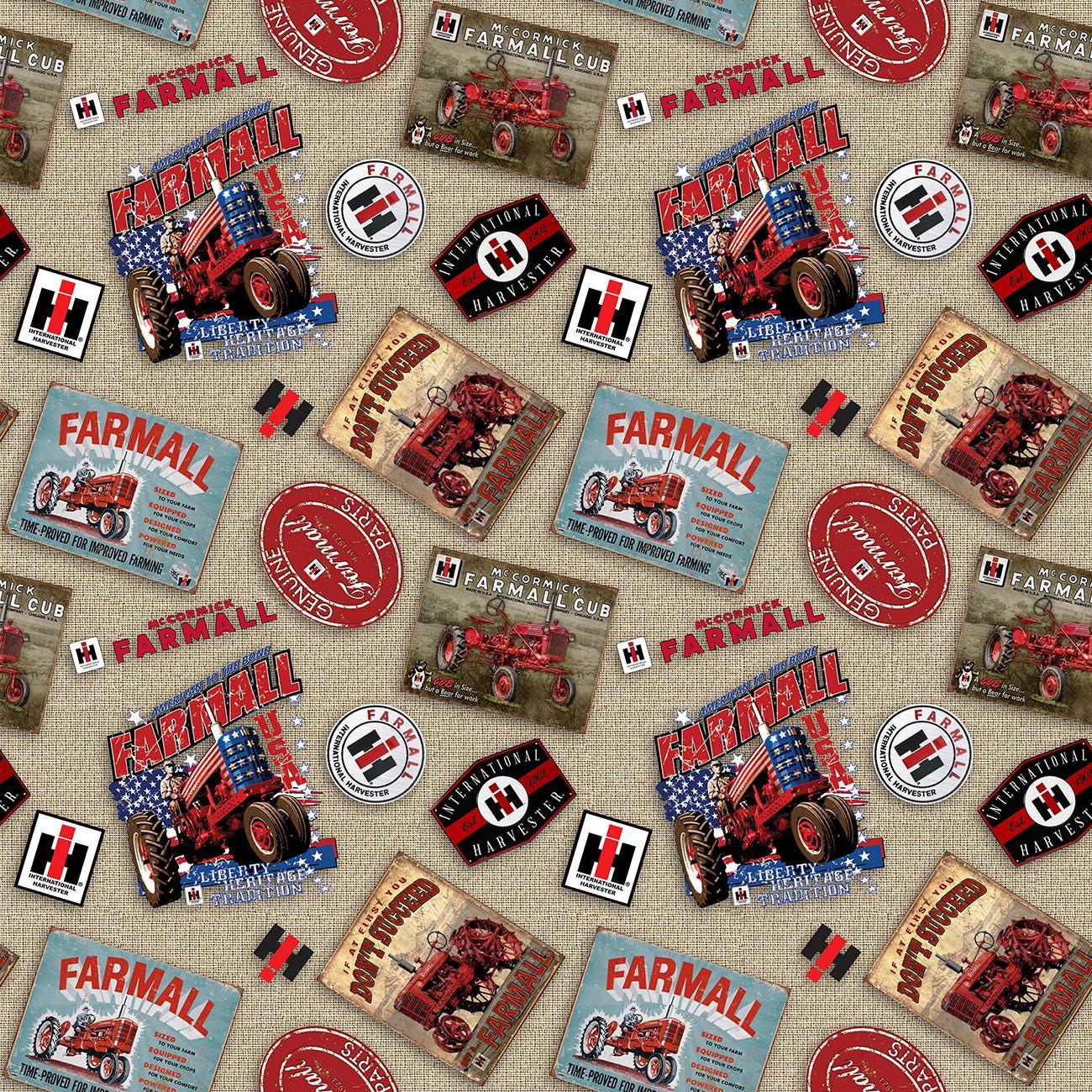 Farmall Tossed Logos in Natural - 1/2 Yard Increments, Cut Continuously - by Sykel Enterprises