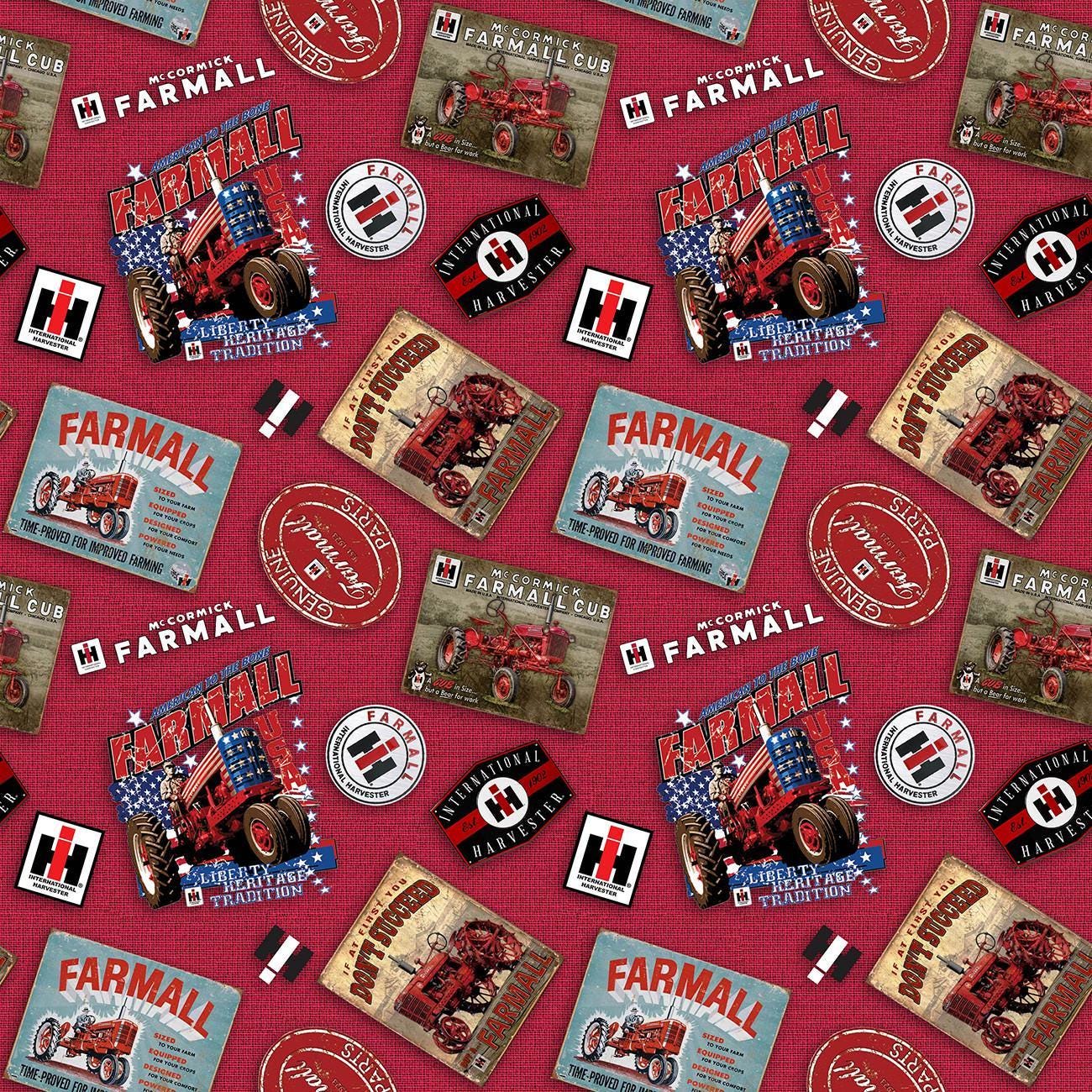 Farmall Tossed Logos in Red - 1/2 Yard Increments, Cut Continuously - by Sykel Enterprises