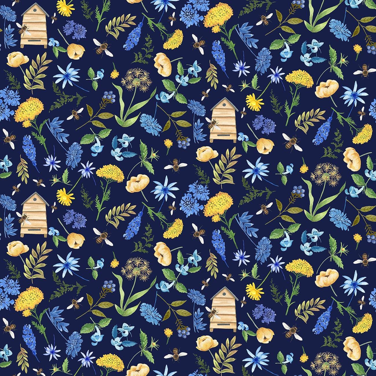 Bee Kind Tossed Small Floral in Navy - 1/2 Yard Increments, Cut Continuously - by Timeless Treasures