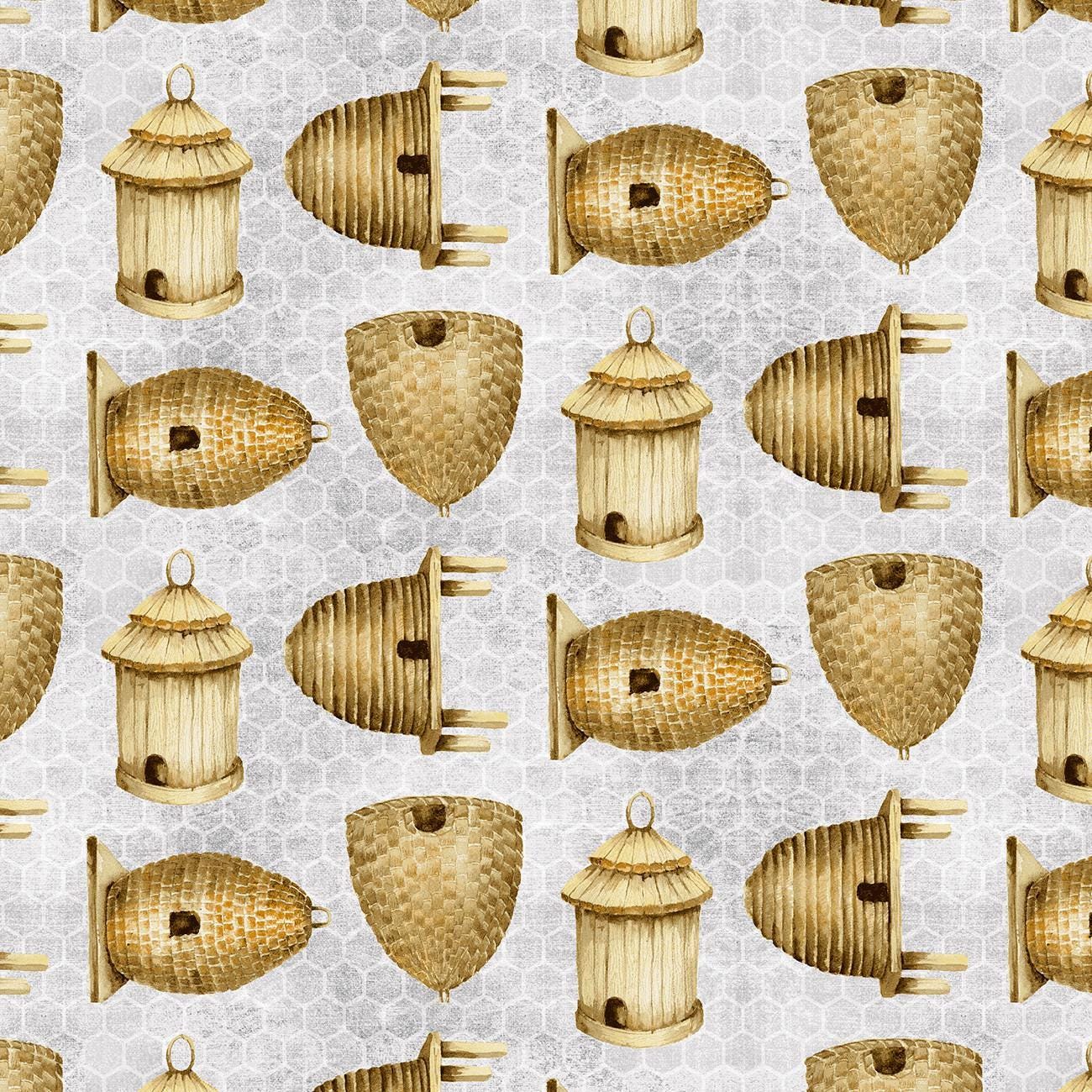 Sweet Bees Gray Bee Hive Allover - 1/2 Yard Increments, Cut Continuously - by Henry Glass