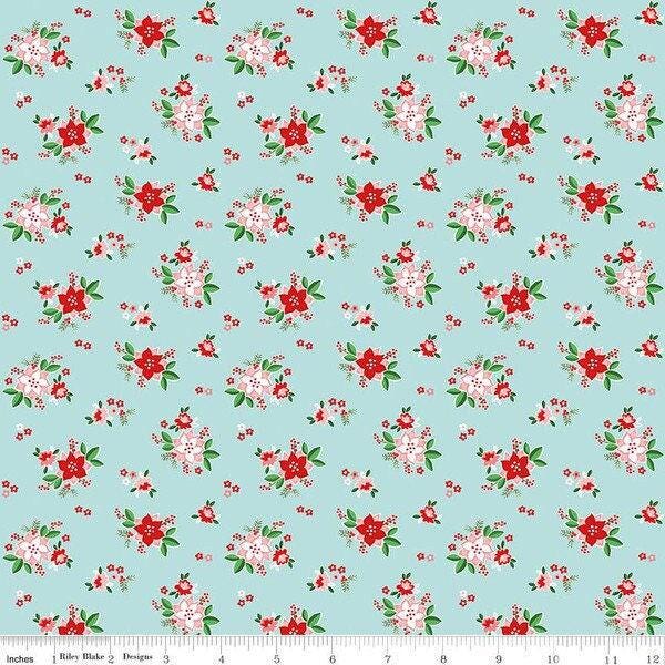 Pixie Noel 2 Poinsettias in Aqua - 1/2 Yard Increments, Cut Continuously - by Tasha Noel for Riley Blake Designs