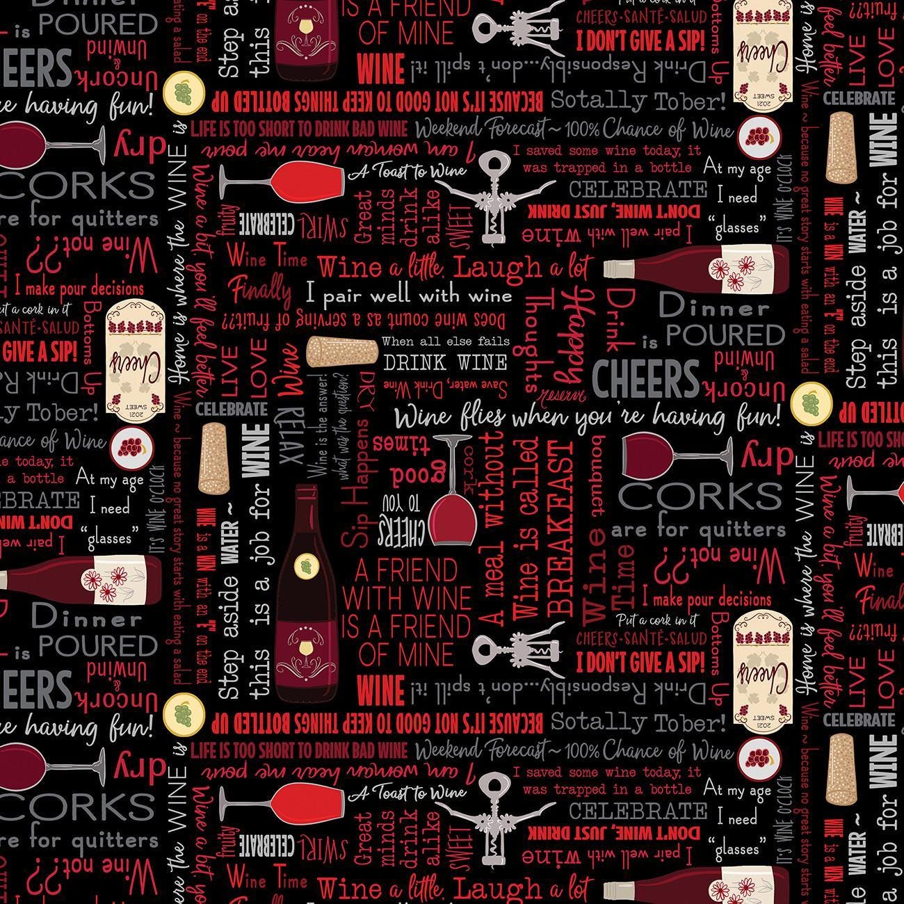 Uncork and Unwind Sip Sip Hooray in Black- 1/2 Yard Increments, Cut Continuously - by Andi Metz Collection for Bernatex Fabrics