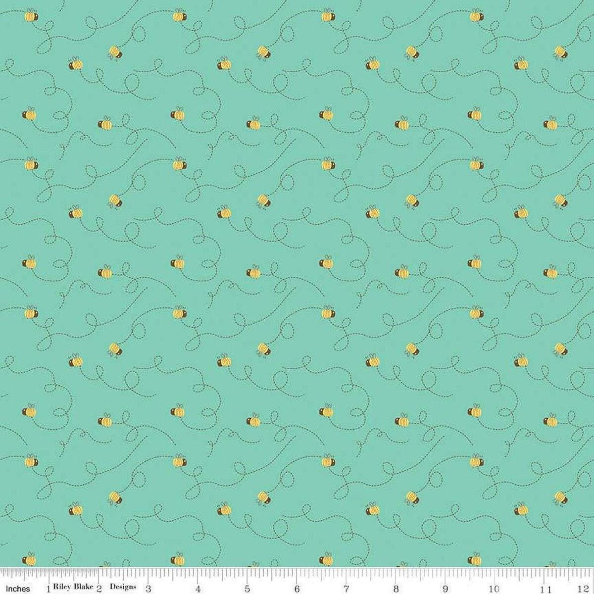 Bumble and Bear Bees in Sea Glass - 1/2 Yard Increments, Cut Continuously - by Sandy Gervais for Riley Blake Designs