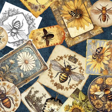 Queen Bee Collage in Midnight - 1/2 Yard Increments, Cut Continuously - by Morris Creative Group for QT Fabrics