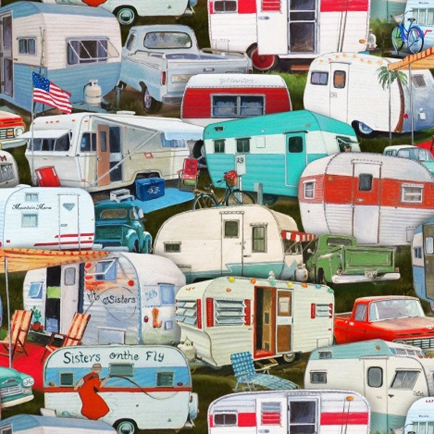 Sisters on the Fly Vintage Trailers - 1/2 Yard Increments, Cut Continuously - by Paige Bridges for Elizabeth Studio