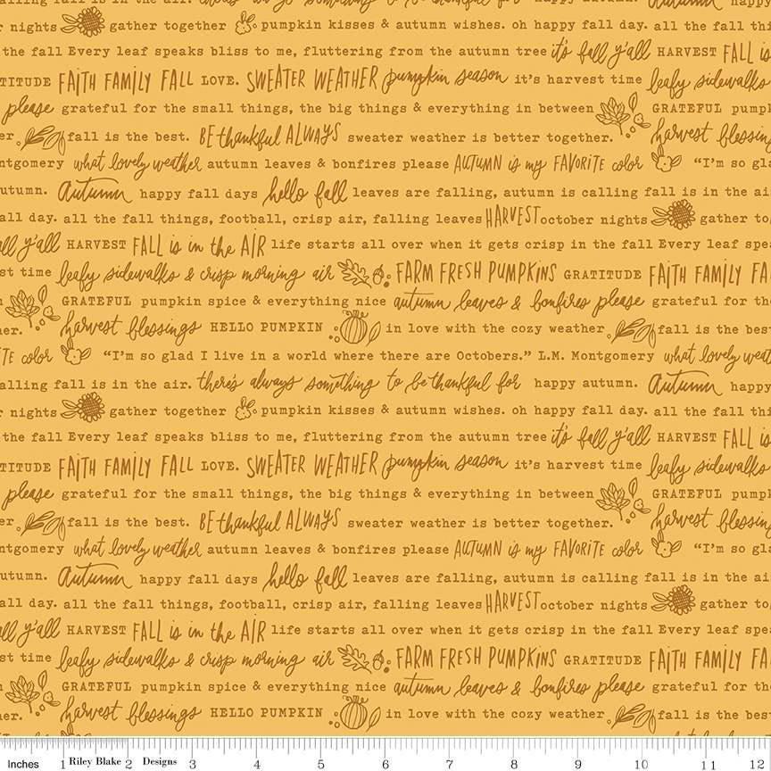 Happy Fall Days Autumn Words in Gold - 1/2 Yard Increments, Cut Continuously - by Kelsey Carlson for Riley Blake Designs