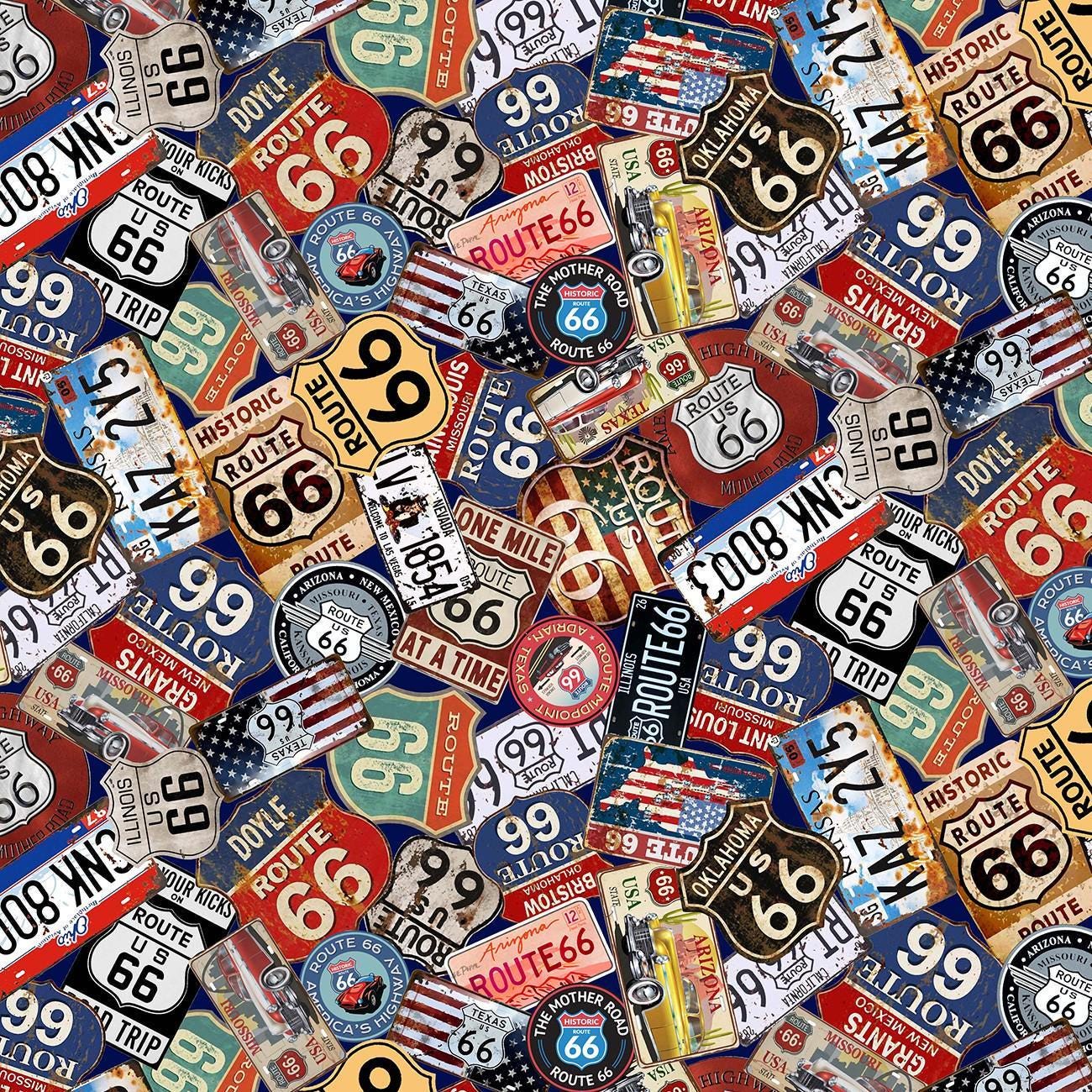 Multi Route 66 Signs - 1/2 Yard Increments, Cut Continuously - by Michael Miller
