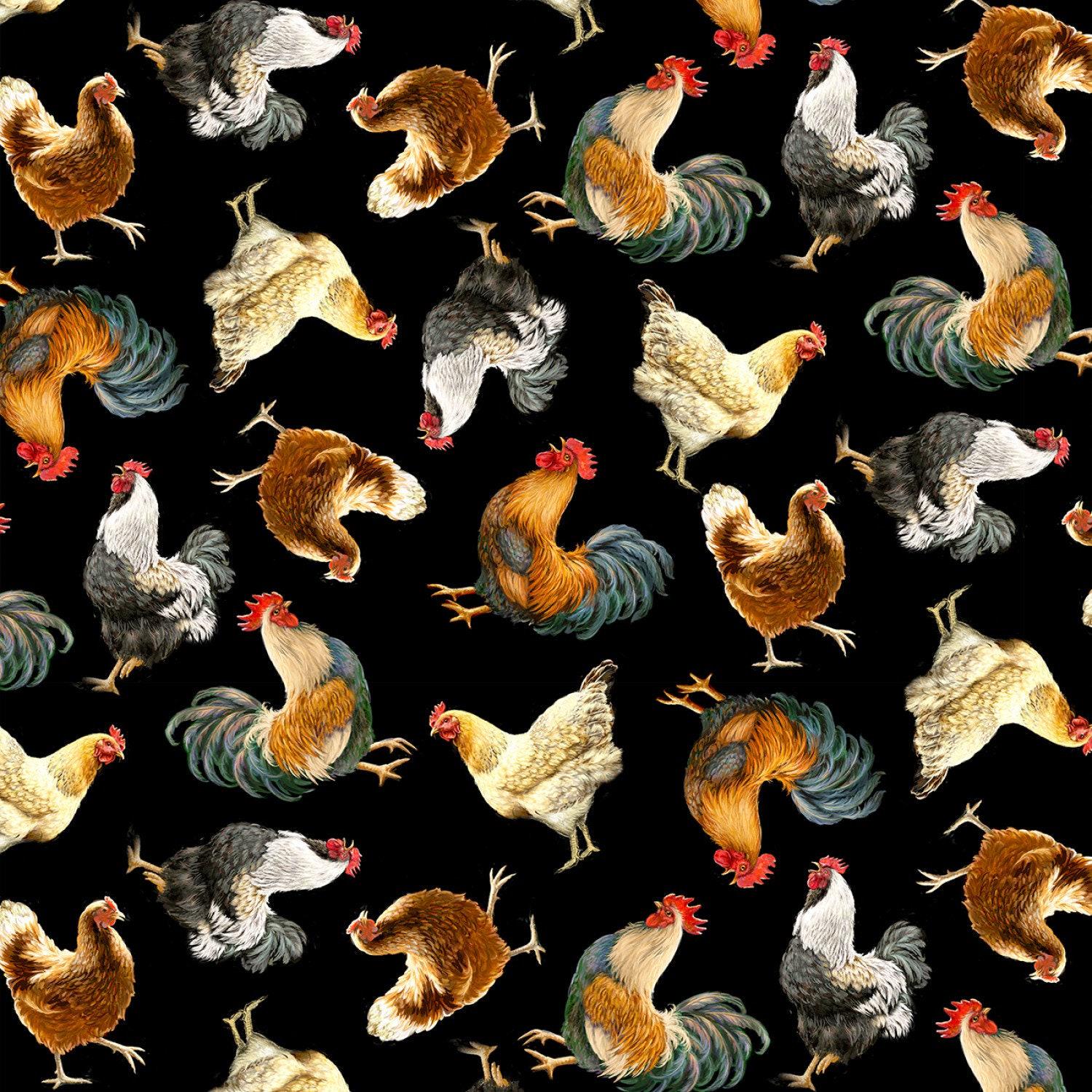 Black Chickens & Roosters - 1/2 Yard Increments, Cut Continuously - by Dona Gelsinger for Timeless Treasures