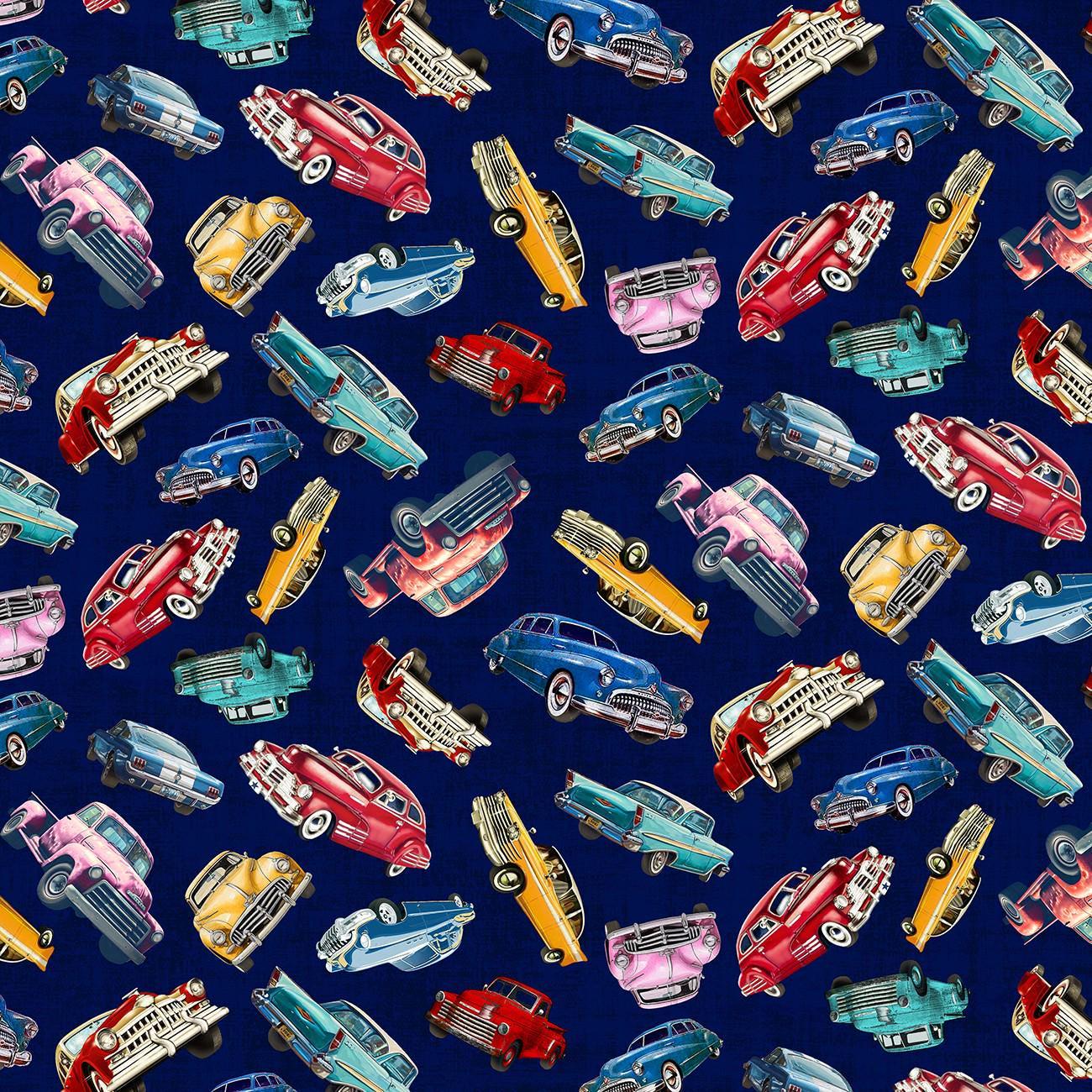 Route 66 Classic Cars in Navy - 1/2 Yard Increments, Cut Continuously - by Michael Miller