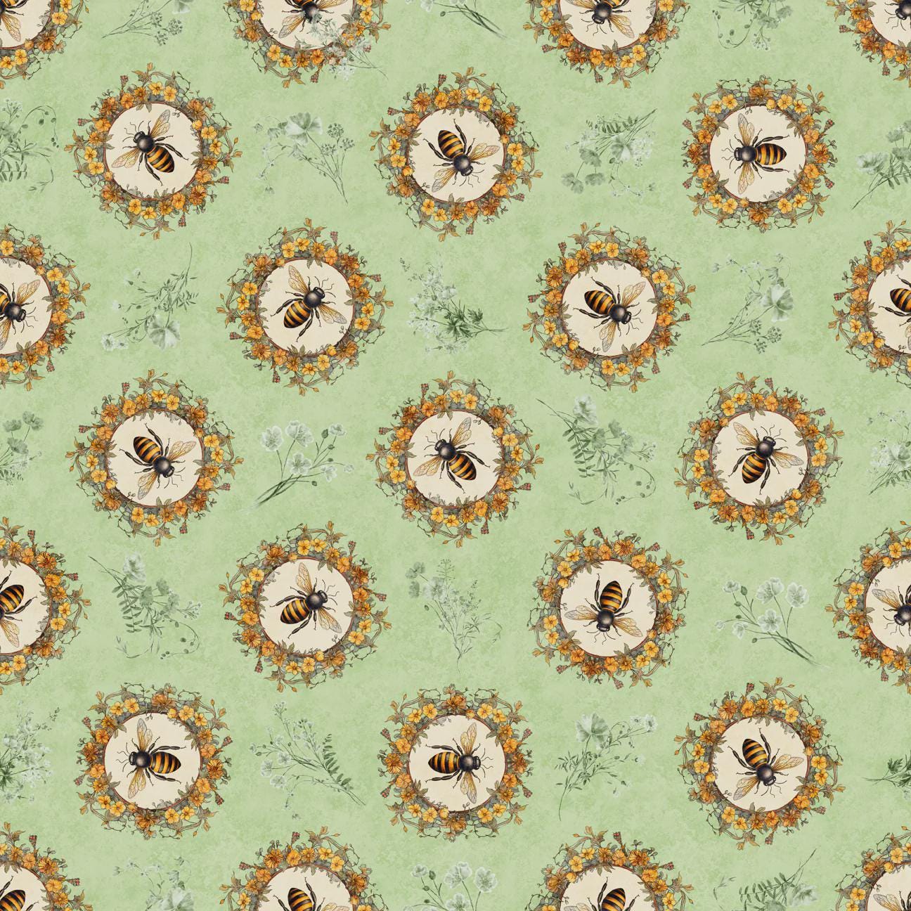 Queen Bee Circle Vignette in Light Sage - 1/2 Yard Increments, Cut Continuously - by Morris Creative Group for QT Fabrics