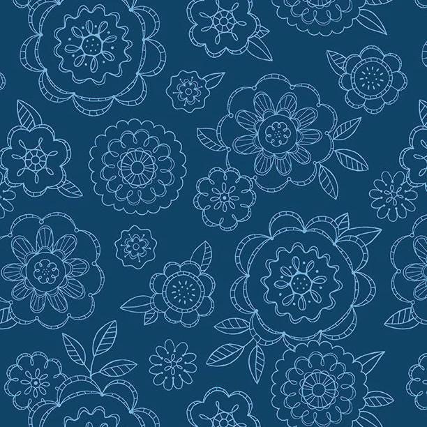 Colors of Summer Large Floral in Navy - 1/2 Yard Increments, Cut Continuously - by Jackie Decker for Wilmington Prints