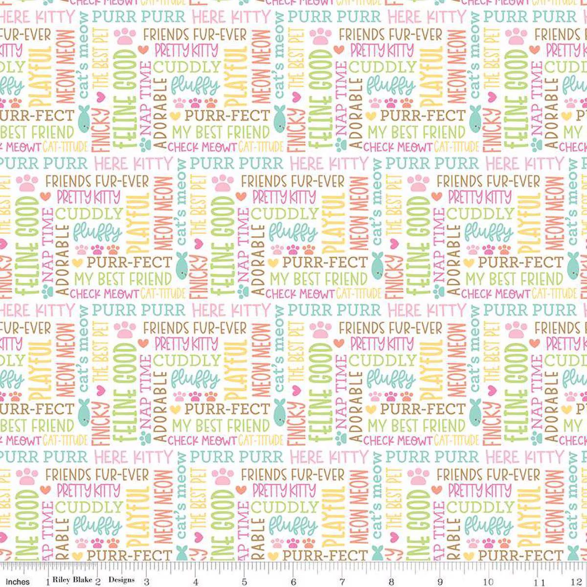 Pretty Kitty Talk in White - 1/2 Yard Increments, Cut Continuously - by Doodlebug Design for Riley Blake Designs