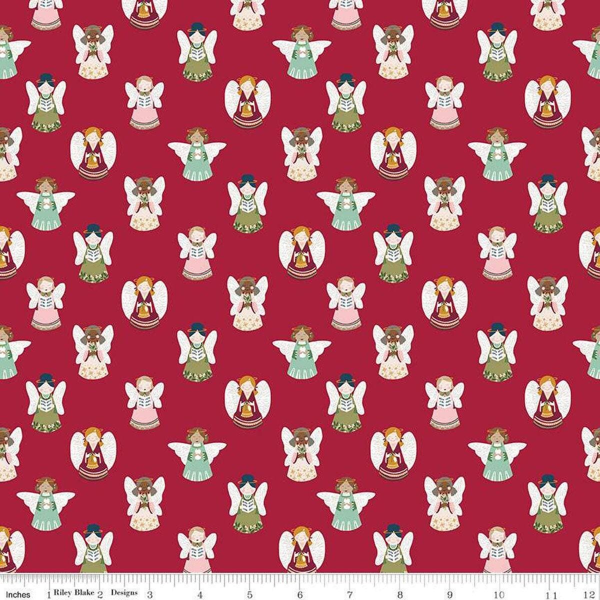 Clearance- Christmas Village Angels in Red - 1/2 Yard Increments, Cut Continuously - by Katherine Lenius for Riley Blake Designs