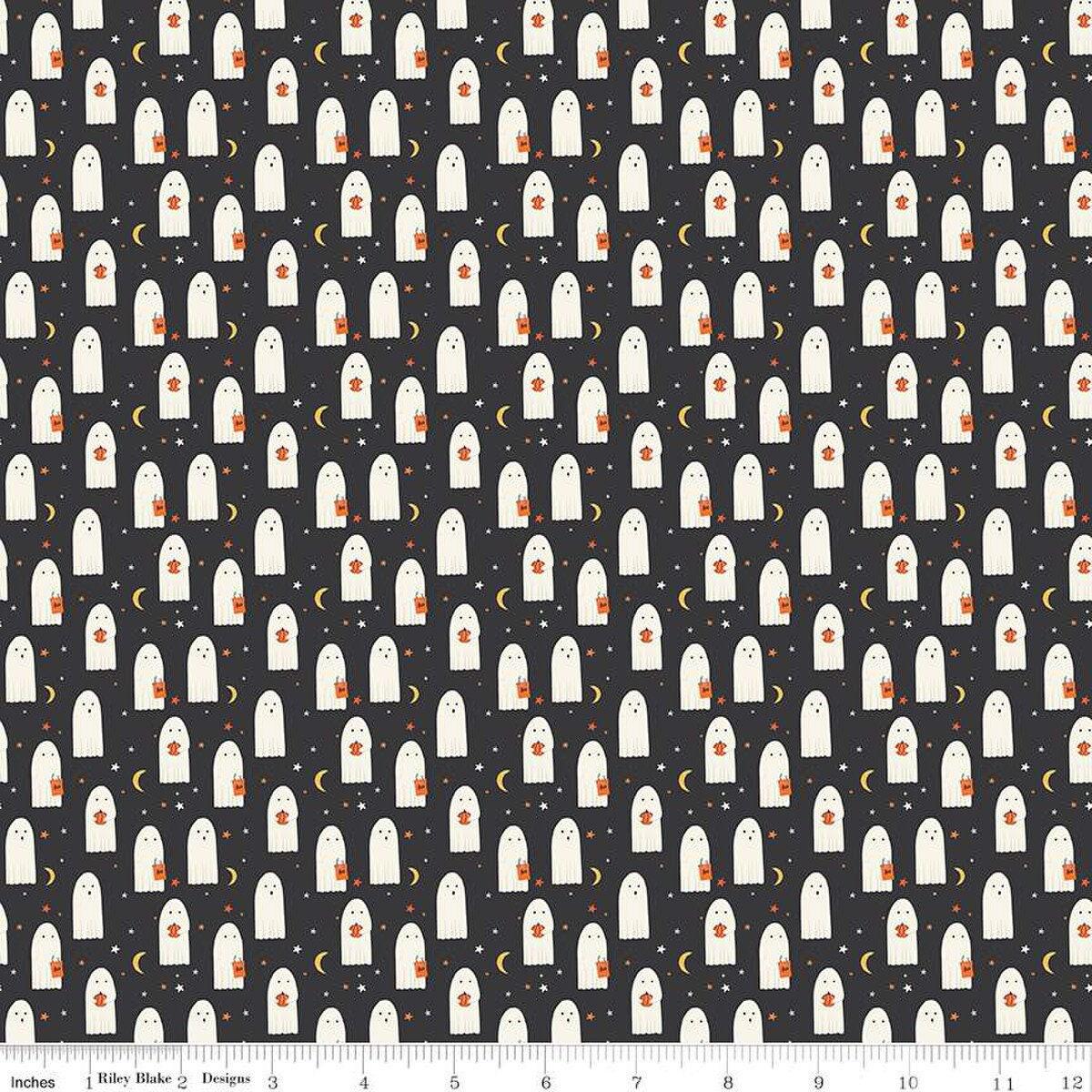 Hey Bootiful Sheet Ghost in Charcoal Glow in the Dark - 1/2 Yard Increments, Cut Continuously - by My Mind's Eye for Riley Blake Designs