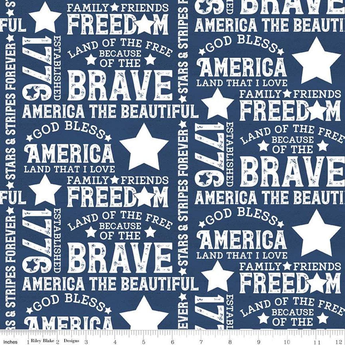 Let Freedom Soar Text in Blue - 1/2 Yard Increments, Cut Continuously - by Tara Reed for Riley Blake Designs