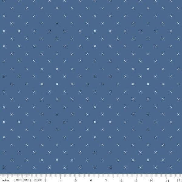 Bee Cross Stitch in Denim - 1/2 Yard Increments, Cut Continuously - by Lori Holt for Riley Blake Designs