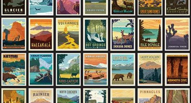 National Parks Posters in Black - 1/2 Yard Increments, Cut Continuously - by Anderson Design Group for Riley Blake Designs