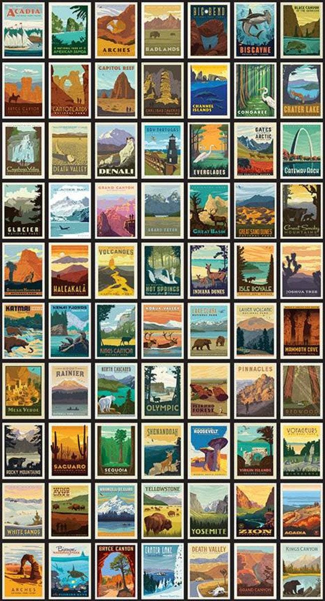 National Parks Posters in Black - 1/2 Yard Increments, Cut Continuously - by Anderson Design Group for Riley Blake Designs