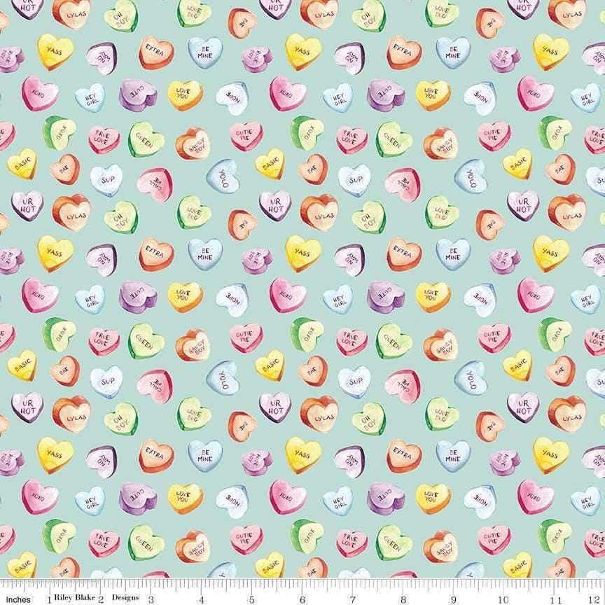 Monthly Placemats 2 February Candy Hearts in Mint - 1/2 Yard Increments, Cut Continuously - by Hester & Cook for Riley Blake Designs