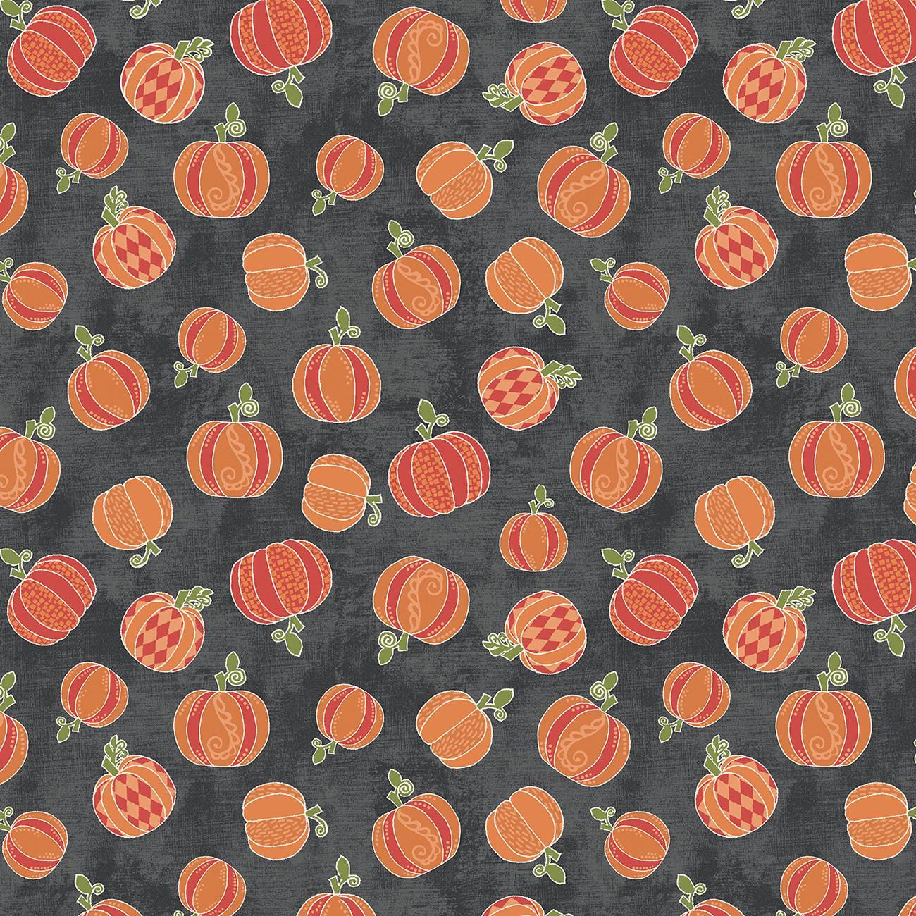 Dark Grey Hello Pumpkin Harvest - 1/2 Yard Increments, Cut Continuously - by Cherry Guidry Collection for Bernatex Fabrics