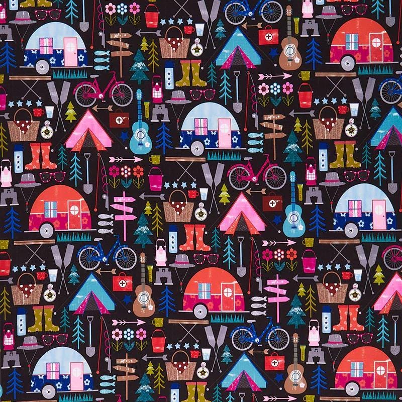 Happy Camper Let's Go Camping in Black - 1/2 Yard Increments, Cut Continuously - by Michael Miller