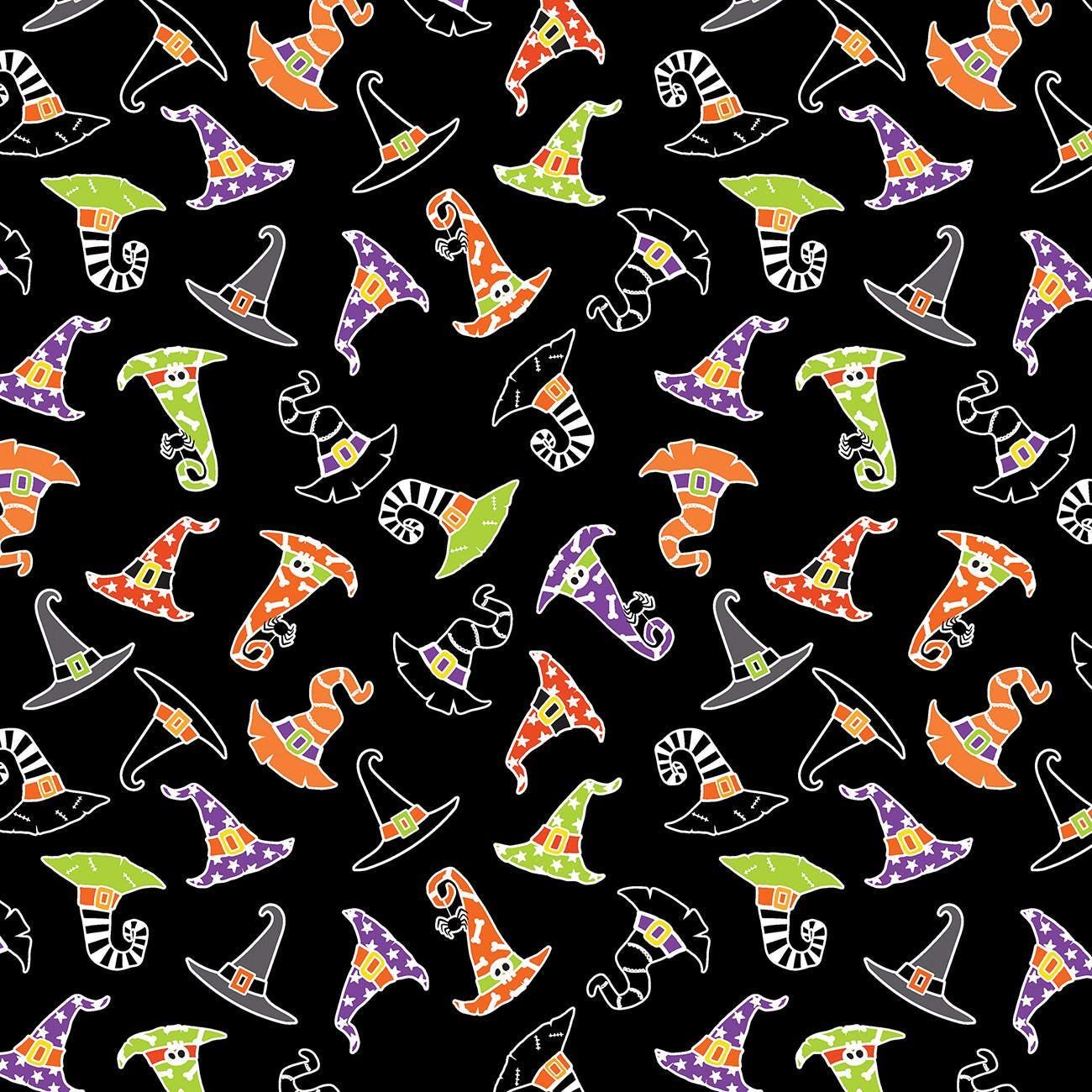 Chills and Thrills Black Hocus Pocus Hats - 1/2 Yard Increments, Cut Continuously - by Kanvas Collection for Bernatex Fabrics