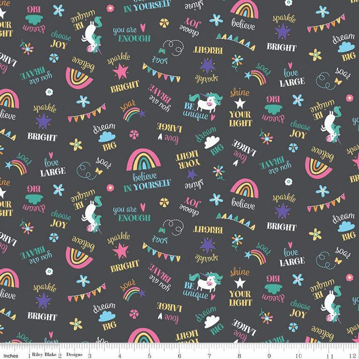 Unicorn Kingdom Be You in Charcoal - 1/2 Yard Increments, Cut Continuously - by Shawn Wallace for Riley Blake Designs