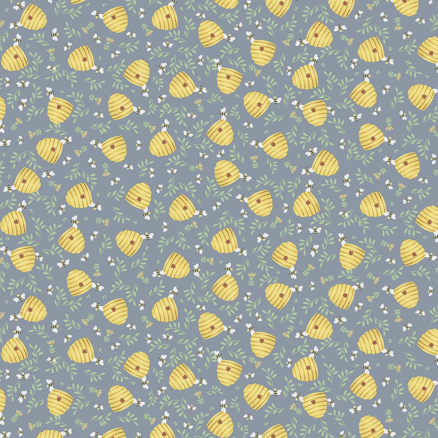 Honey Bear Grey Tossed Bee Hives & Bees - 1/2 Yard Increments, Cut Continuously - by Timeless Treasures